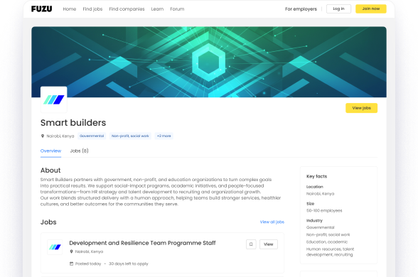 Every employer gets a dedicated page inside Fuzu where applicants can explore open roles and learn about your business. Keep everything organized in one place and connect with talent seamlessly.